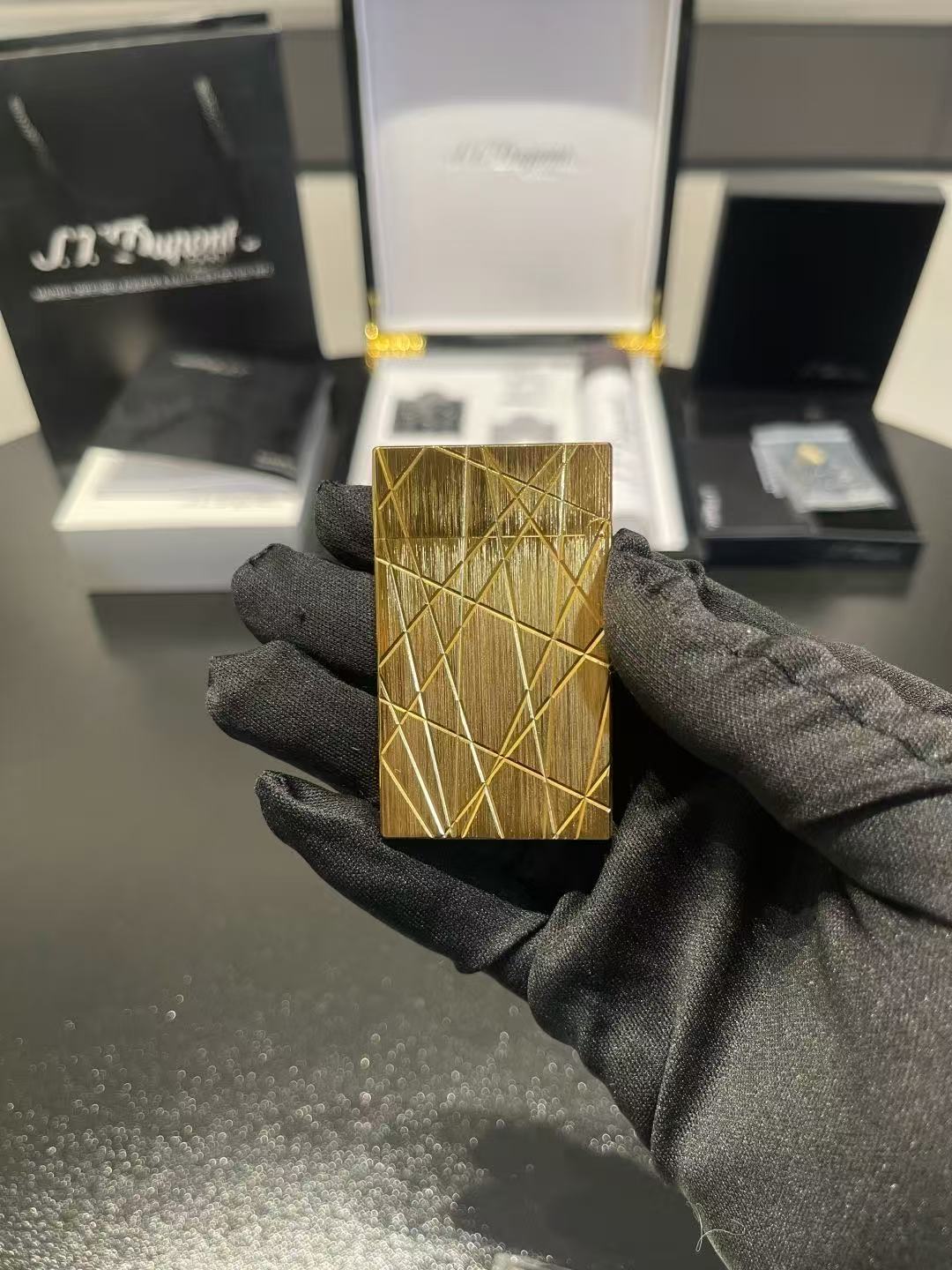 S.T. Dupont Ligne 2 Gold-Tone Geometric Pattern Gas Lighter