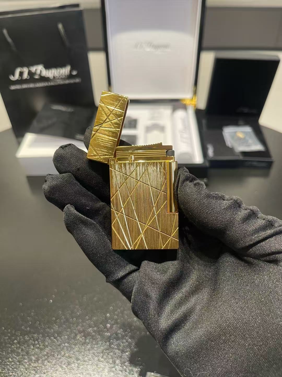 S.T. Dupont Ligne 2 Gold-Tone Geometric Pattern Gas Lighter product image 2 thumbnail