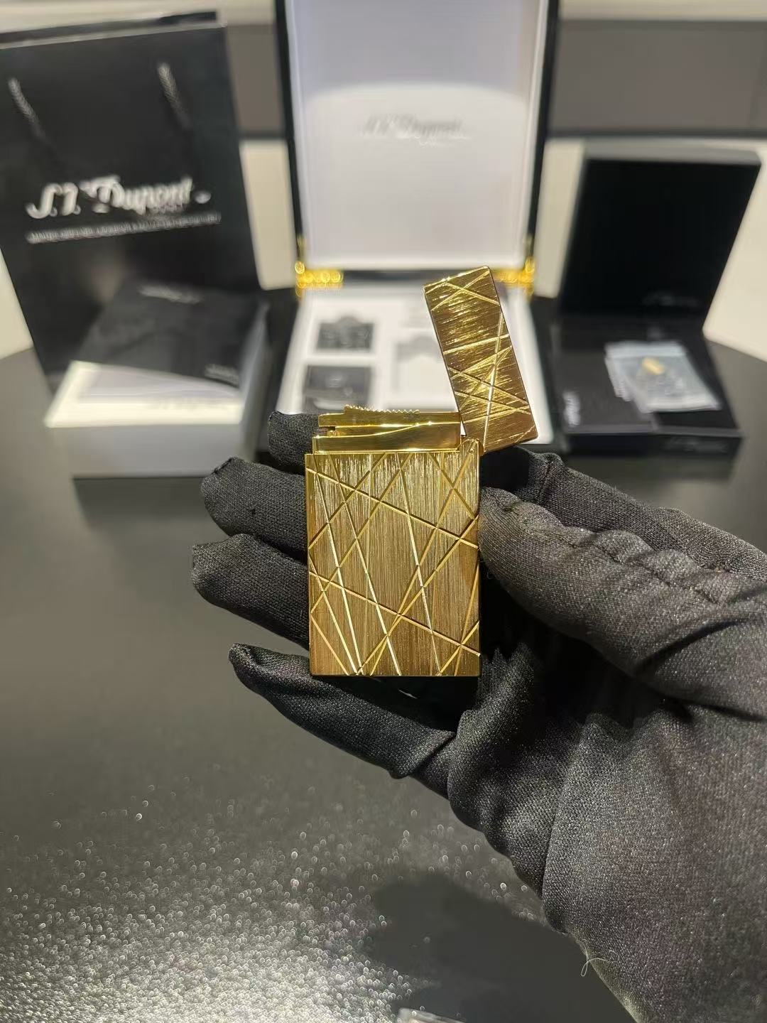S.T. Dupont Ligne 2 Gold-Tone Geometric Pattern Gas Lighter product image 3 thumbnail