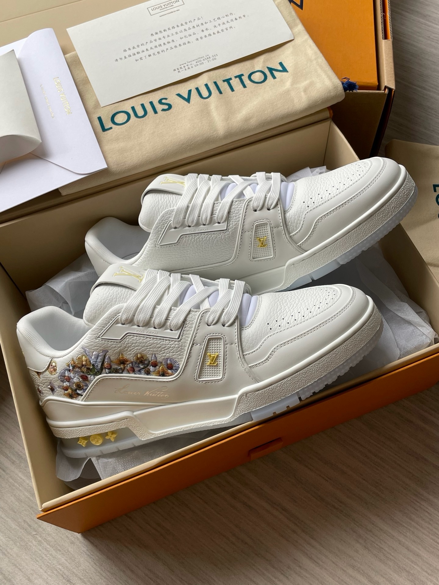 Louis Vuitton Trainer Floral Embroidered Grained Calf Leather Low-Top Sneakers