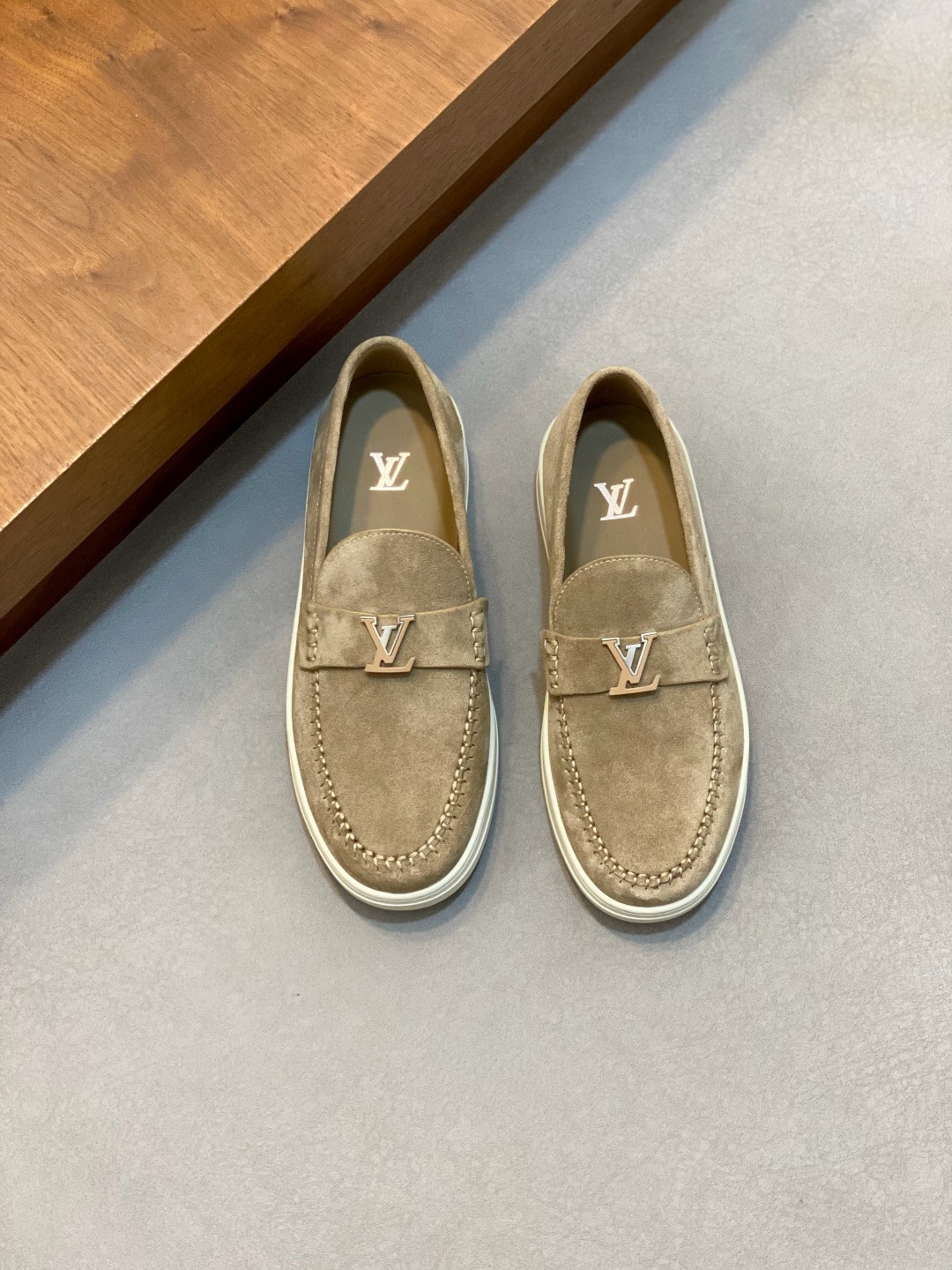 Louis Vuitton Taupe Suede LV Buckle Casual Loafers