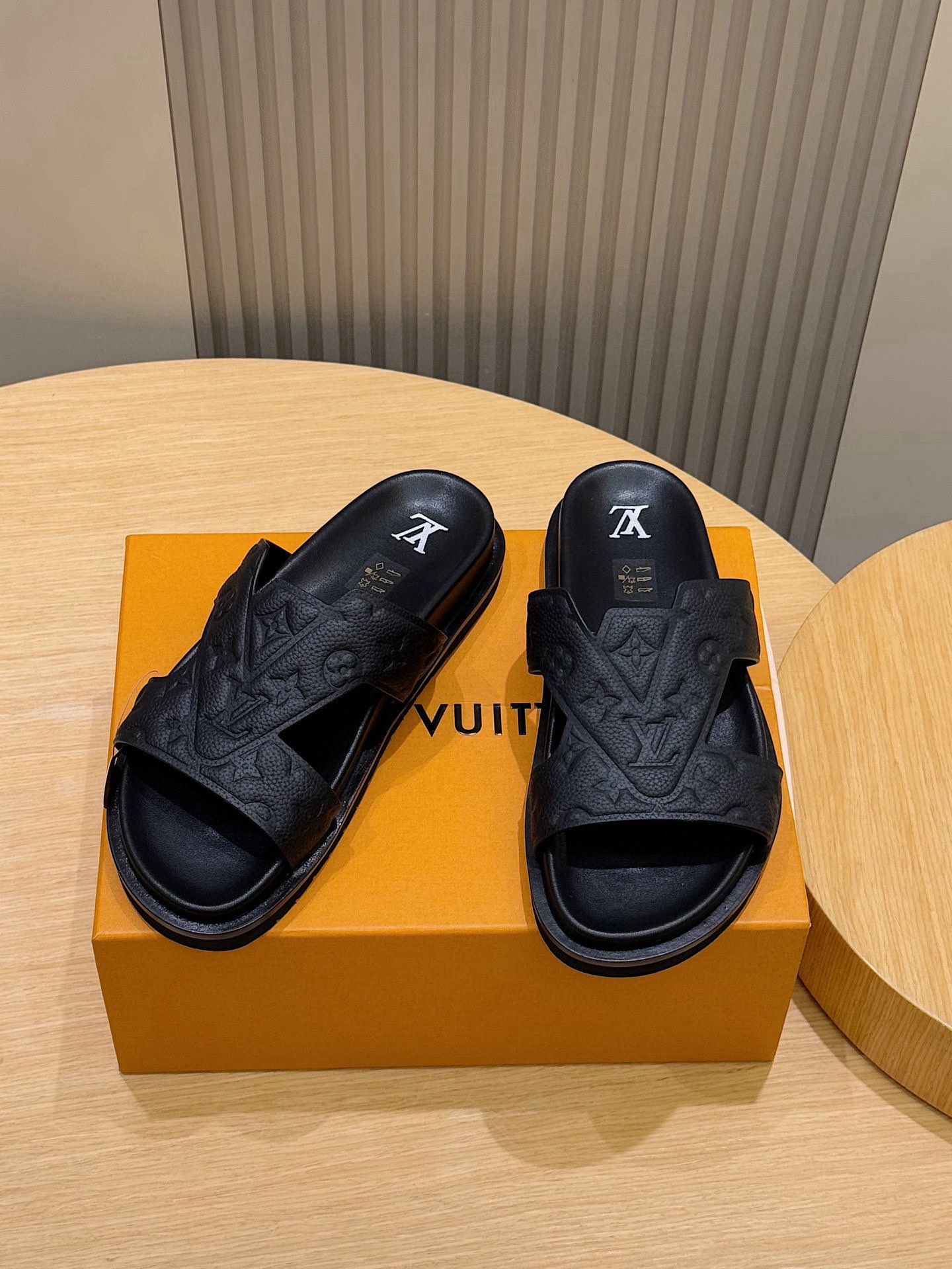 Louis Vuitton Monogram Embossed Cross-Strap Leather Platform Slides