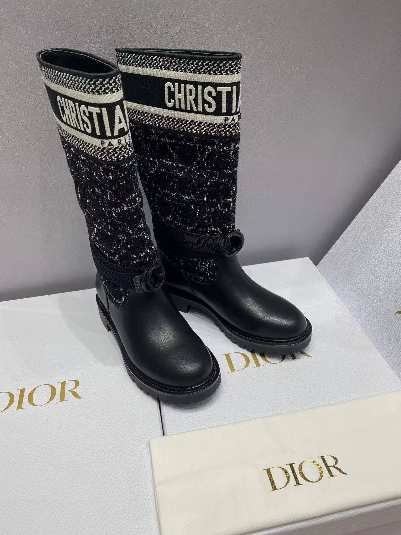 Christian Dior Tweed Embroidered Ribbon Tall Motorcycle Rider Boots