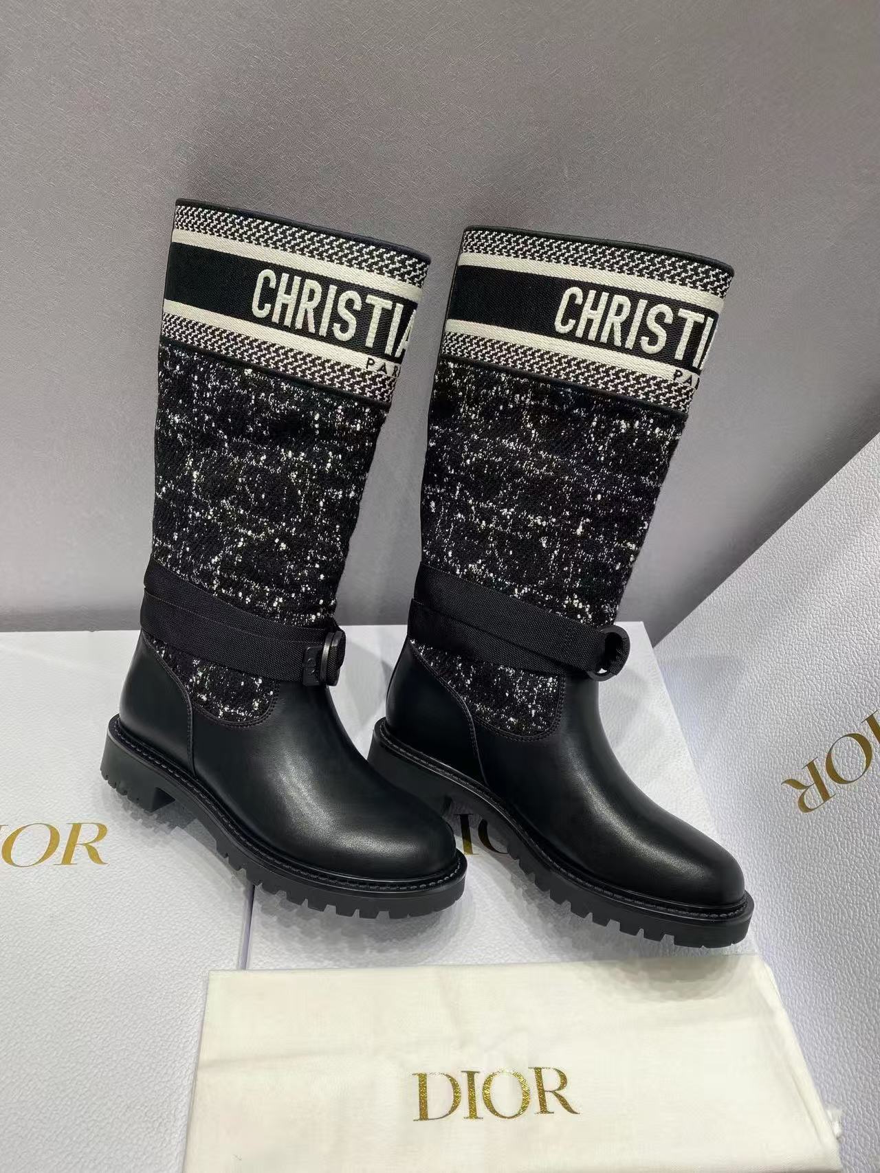 Christian Dior Tweed Embroidered Ribbon Tall Motorcycle Rider Boots product image 4 thumbnail