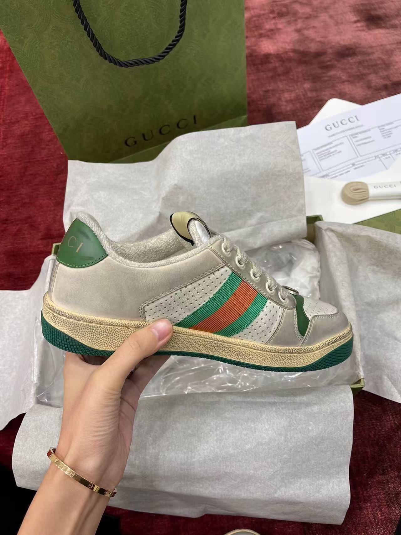 Gucci Screener Vintage Washed Leather Web Stripe Retro Sneakers
