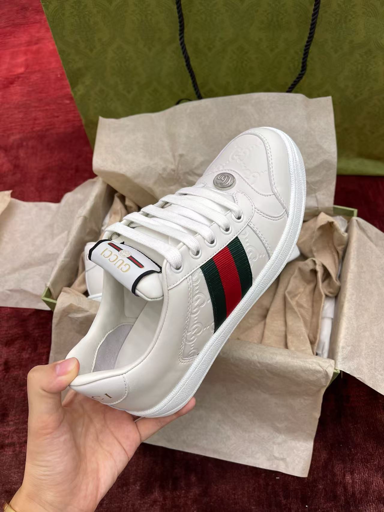 Gucci Ace White GG Embossed Web Stripe Leather Sneakers