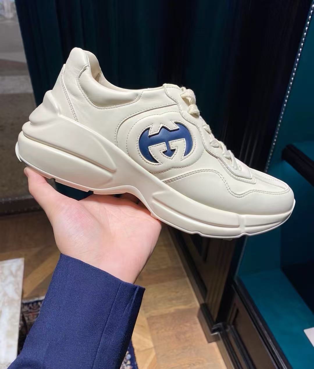 Gucci Rhyton Cream Blue GG Logo Platform Dad Sneakers