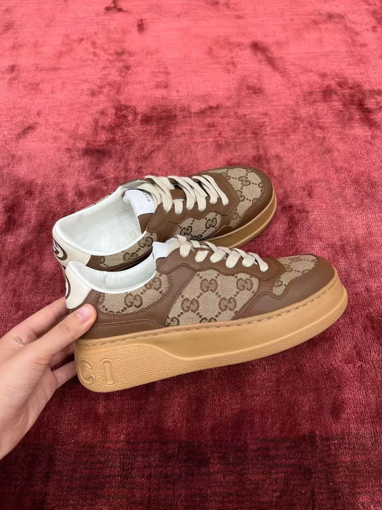 Gucci Platform GG Monogram Brown Leather Panel Platform Sneakers