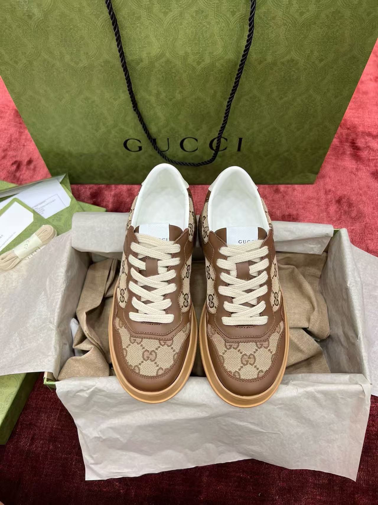 Gucci Platform GG Monogram Brown Leather Panel Platform Sneakers product image 2 thumbnail
