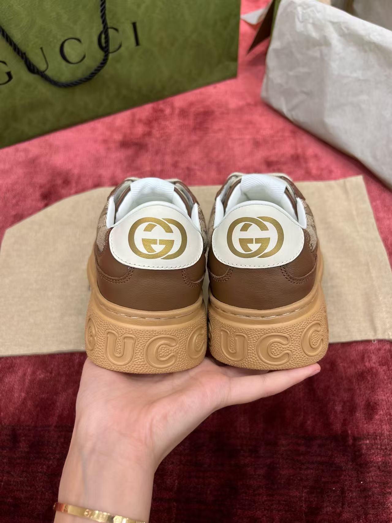 Gucci Platform GG Monogram Brown Leather Panel Platform Sneakers product image 3 thumbnail
