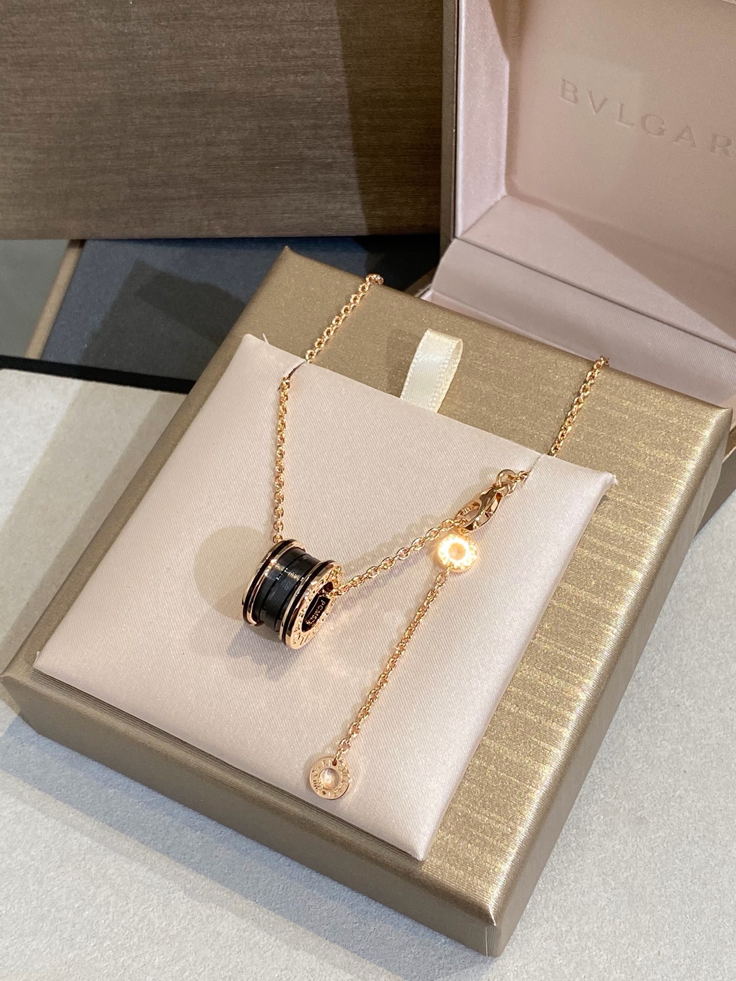 BVLGARI B.zero1 Black Ceramic Rose Gold Spiral Pendant Necklace