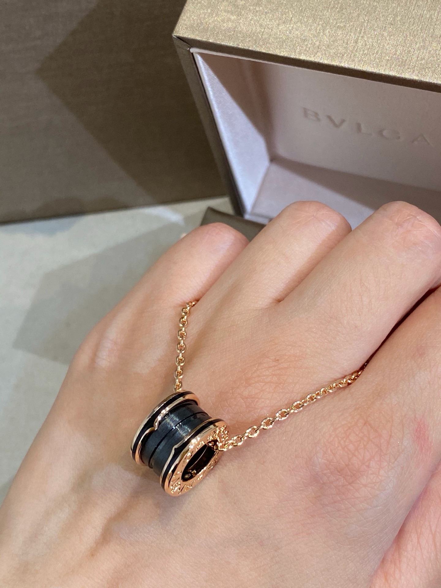 BVLGARI B.zero1 Black Ceramic Rose Gold Spiral Pendant Necklace product image 5 thumbnail