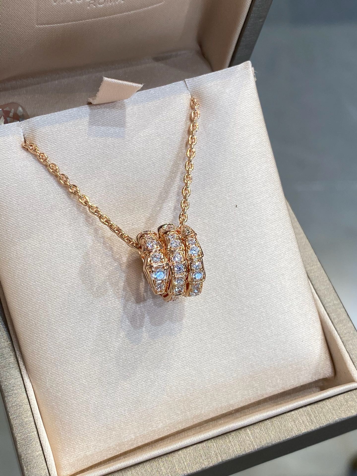 BVLGARI Serpenti Viper Three-Coil Diamond Rose Gold Snake Pendant Necklace