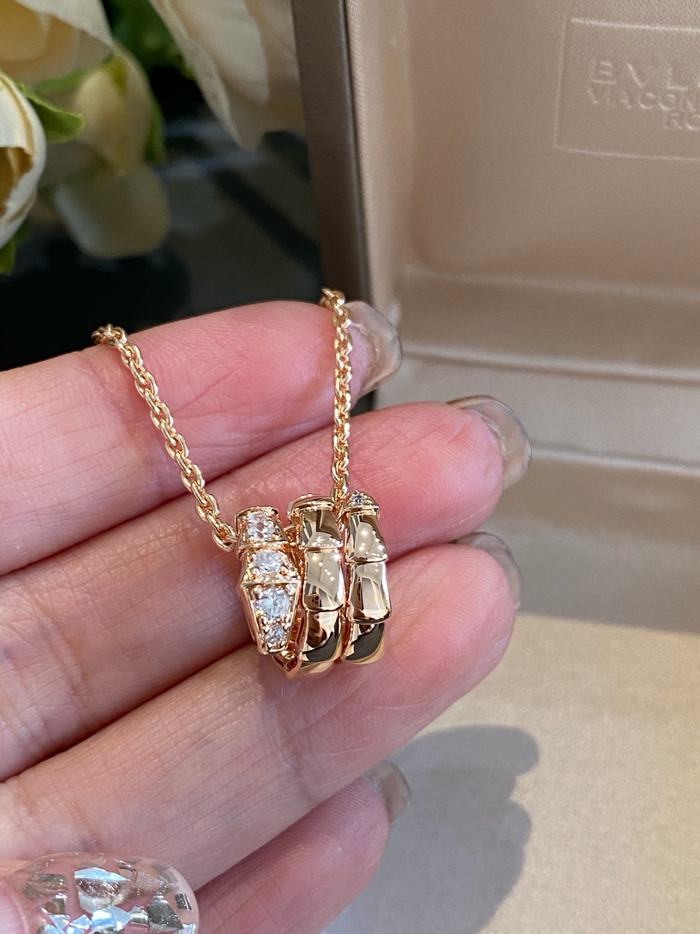 BVLGARI Serpenti Viper Three-Coil Diamond Rose Gold Snake Pendant Necklace product image 3 thumbnail