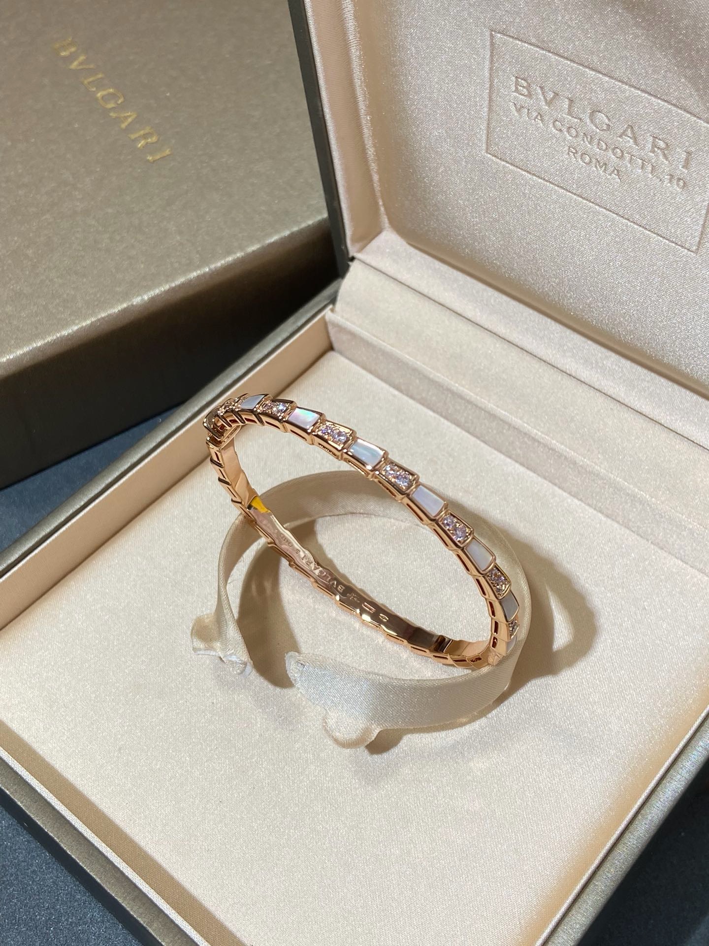 BVLGARI Serpenti Viper Rose Gold Mother-of-Pearl Diamond Single Coil Bracelet