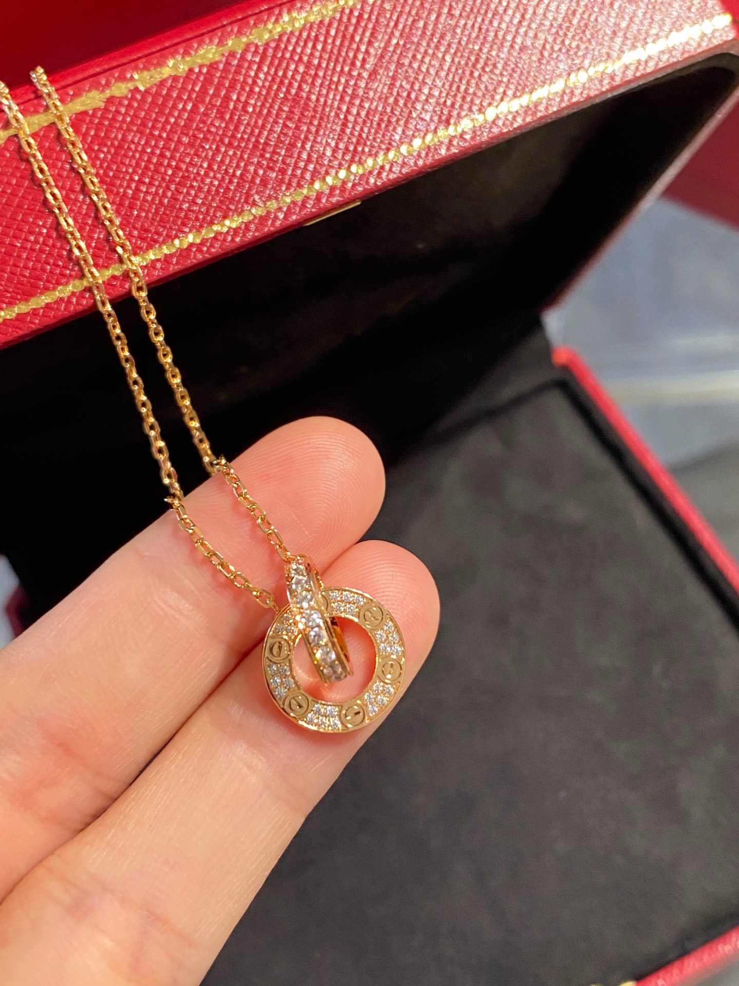 Cartier Love Rose Gold Double-Ring Diamond Pendant Necklace product image 4 thumbnail