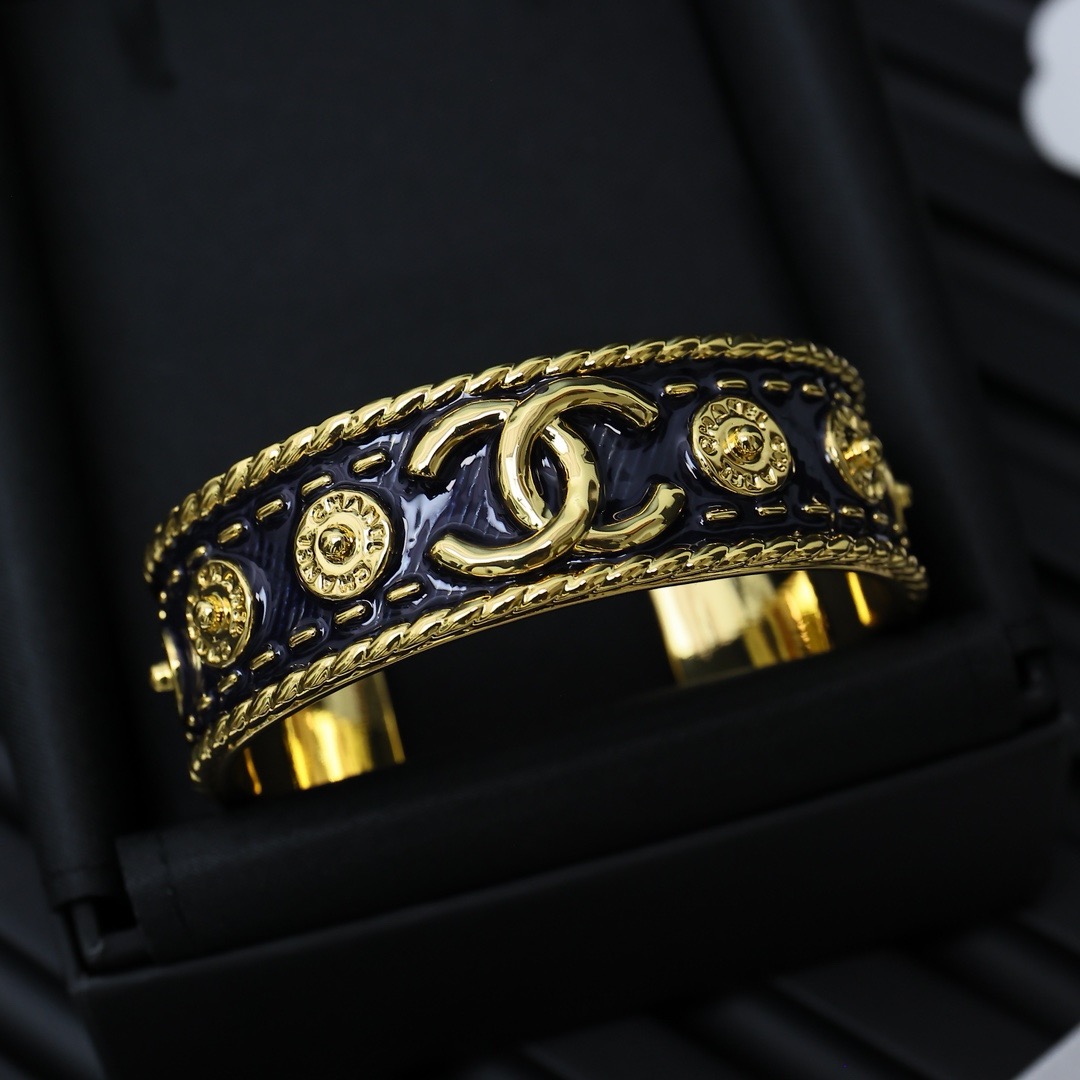 Chanel Black Enamel Gold-Tone Double C Open Cuff Bracelet