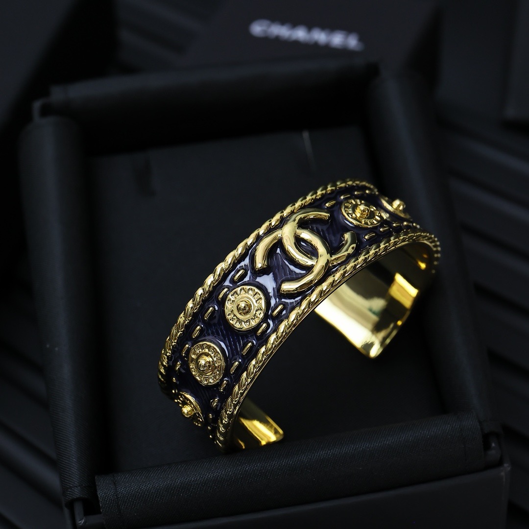 Chanel Black Enamel Gold-Tone Double C Open Cuff Bracelet product image 2 thumbnail