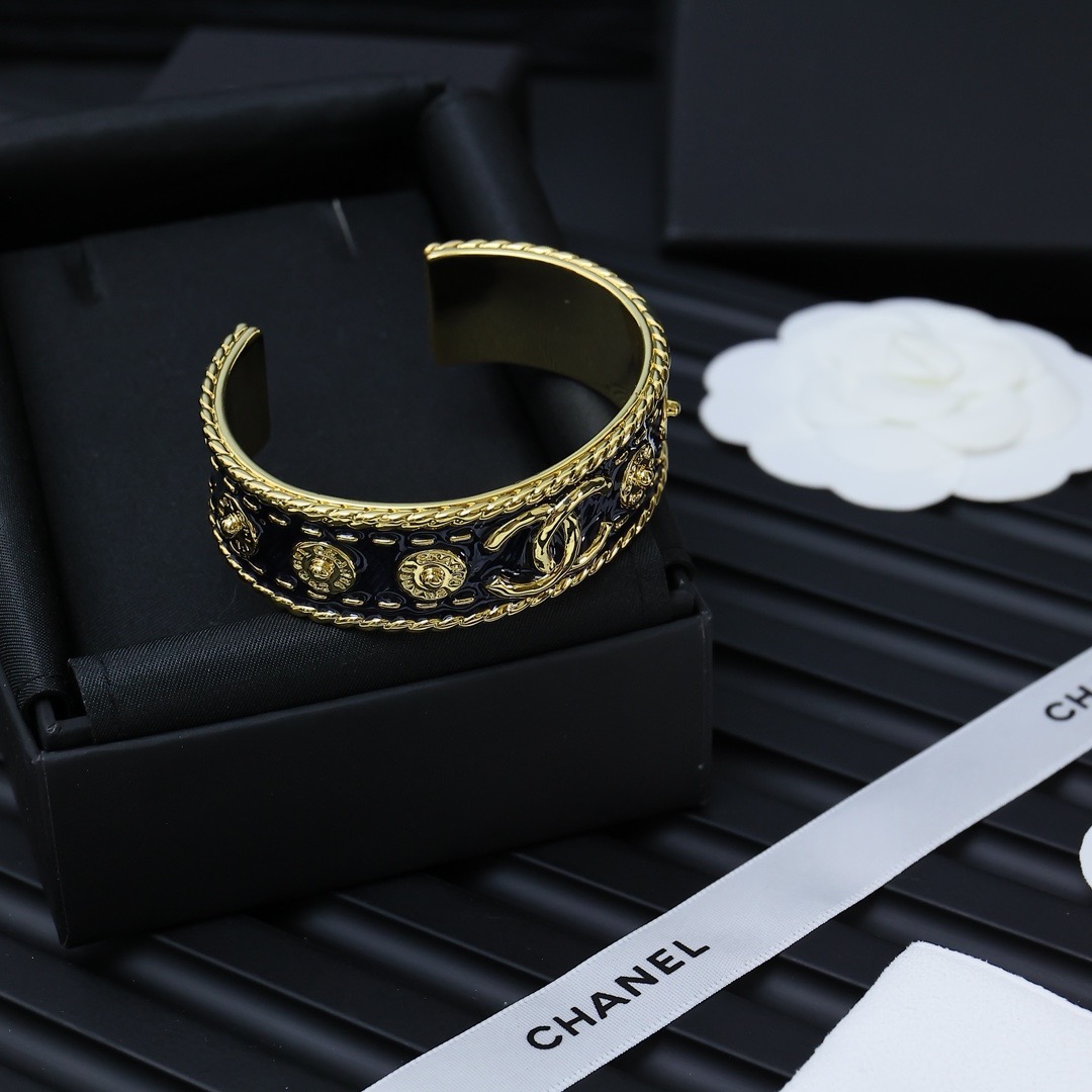 Chanel Black Enamel Gold-Tone Double C Open Cuff Bracelet product image 3 thumbnail