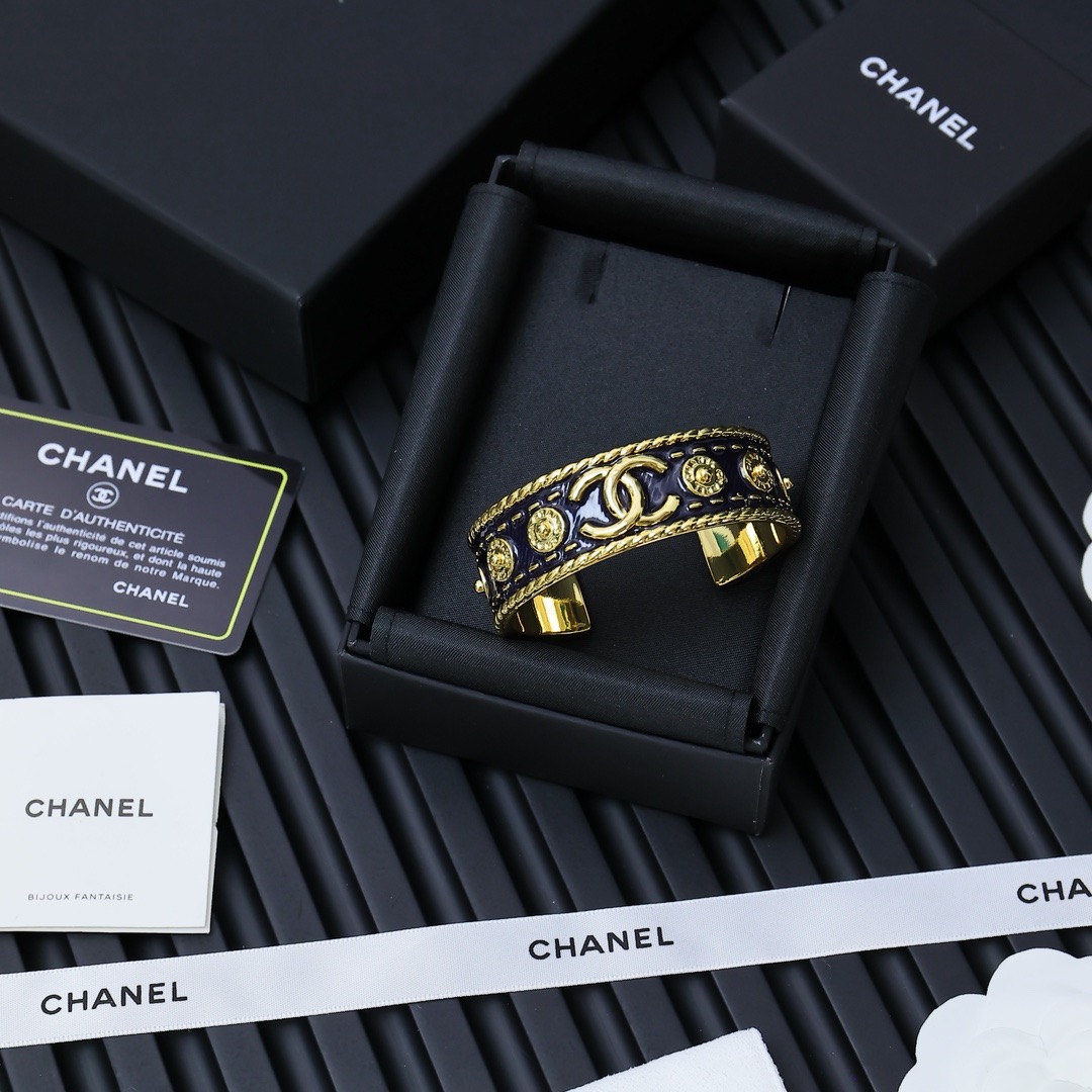 Chanel Black Enamel Gold-Tone Double C Open Cuff Bracelet product image 4 thumbnail