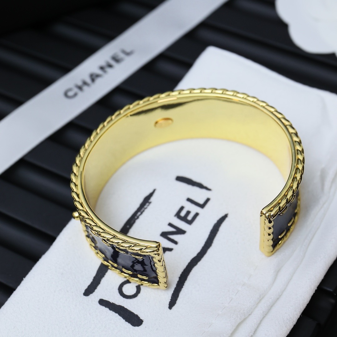 Chanel Black Enamel Gold-Tone Double C Open Cuff Bracelet product image 5 thumbnail