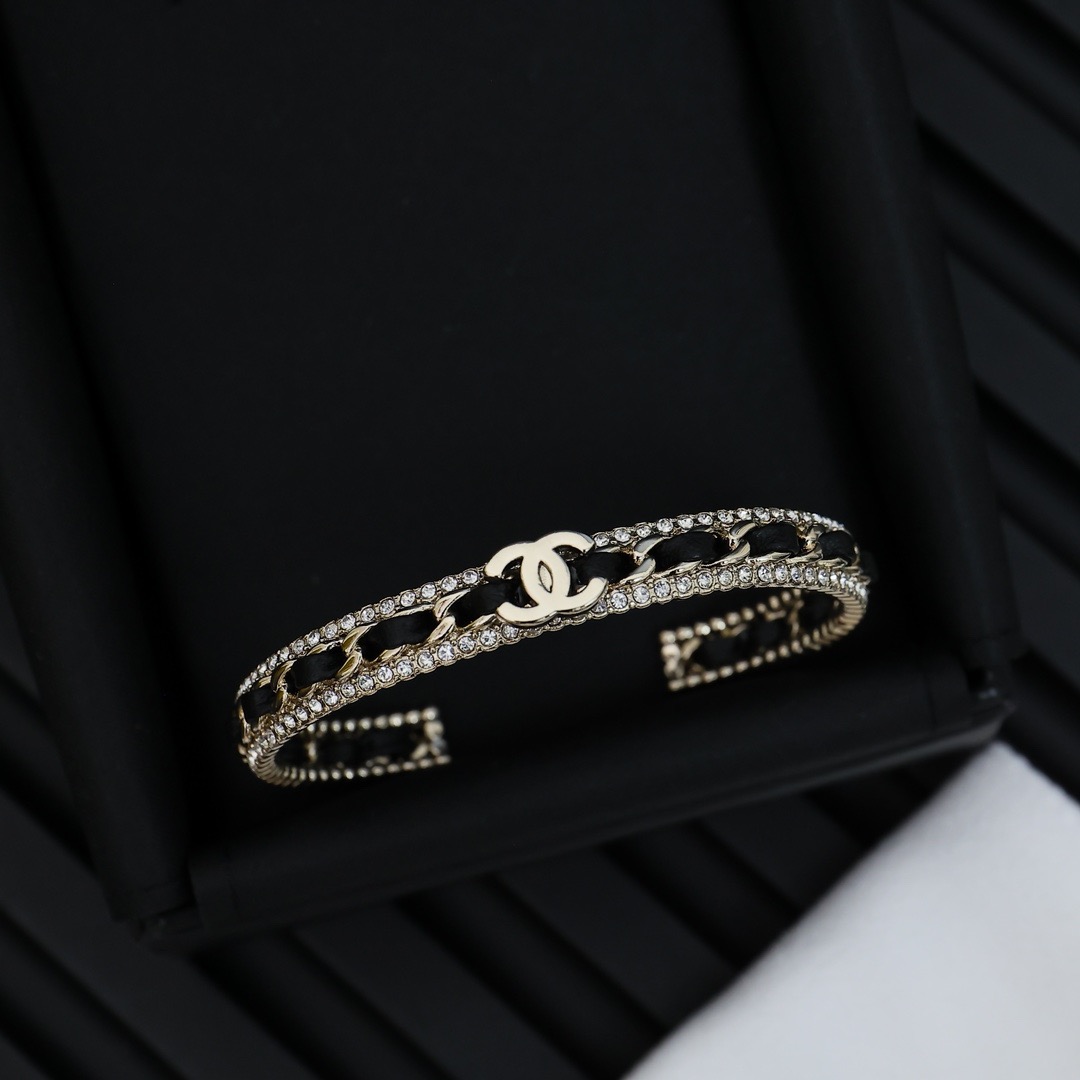 Chanel Leather Braided Chain Crystal Double C Open Cuff Bracelet