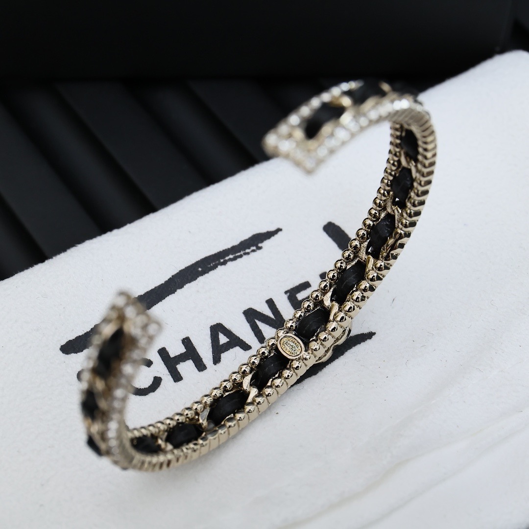 Chanel Leather Braided Chain Crystal Double C Open Cuff Bracelet product image 2 thumbnail