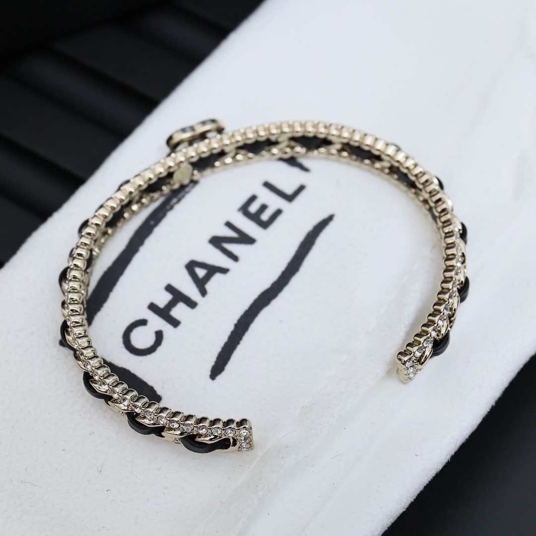 Chanel Leather Braided Chain Crystal Double C Open Cuff Bracelet product image 3 thumbnail