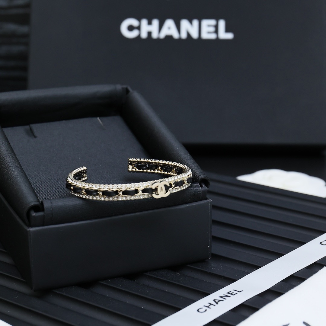Chanel Leather Braided Chain Crystal Double C Open Cuff Bracelet product image 4 thumbnail