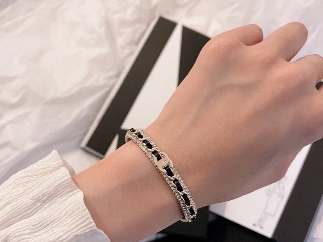 Chanel Leather Braided Chain Crystal Double C Open Cuff Bracelet product image 5 thumbnail