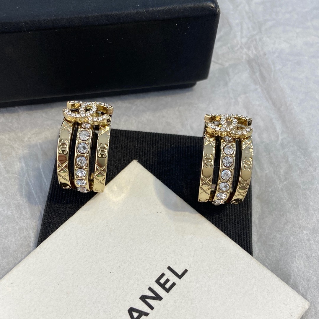 Chanel Quilted Three-Row Crystal Double C Hoop Earrings