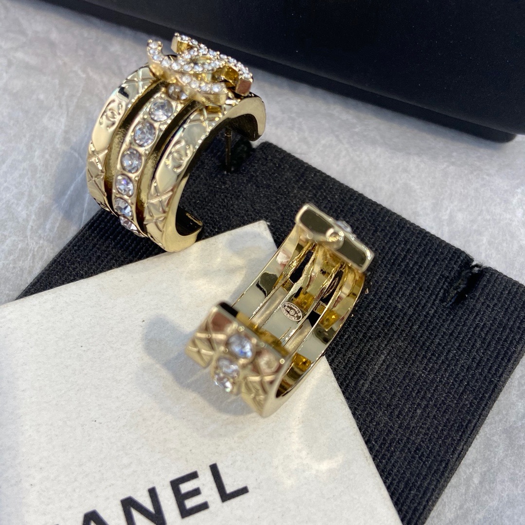 Chanel Quilted Three-Row Crystal Double C Hoop Earrings product image 3 thumbnail