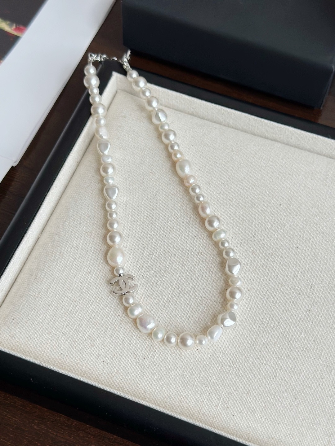 Chanel Baroque Pearl Silver-Tone Double C Pendant Necklace