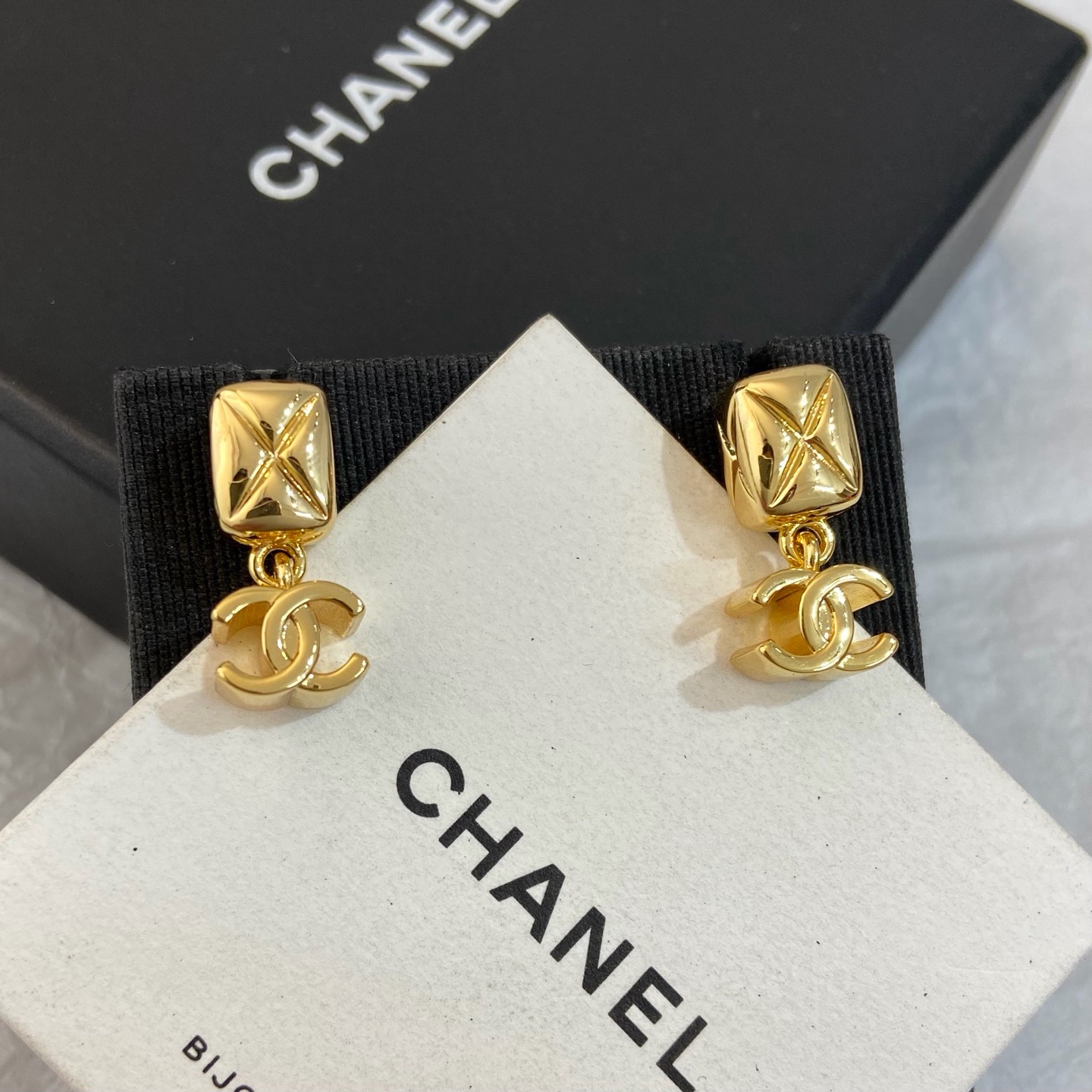Chanel Quilted Square Clasp Double C Drop Earrings