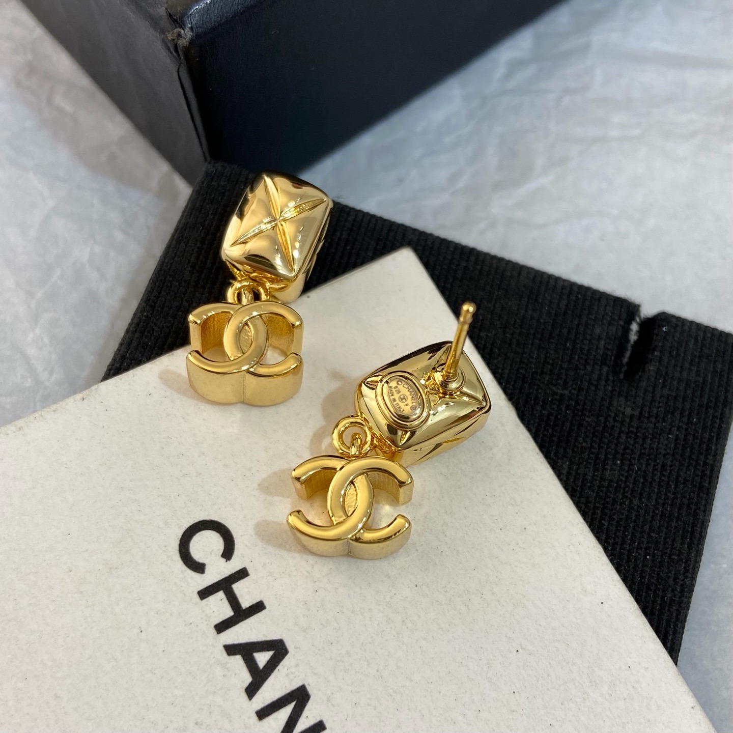 Chanel Quilted Square Clasp Double C Drop Earrings product image 4 thumbnail