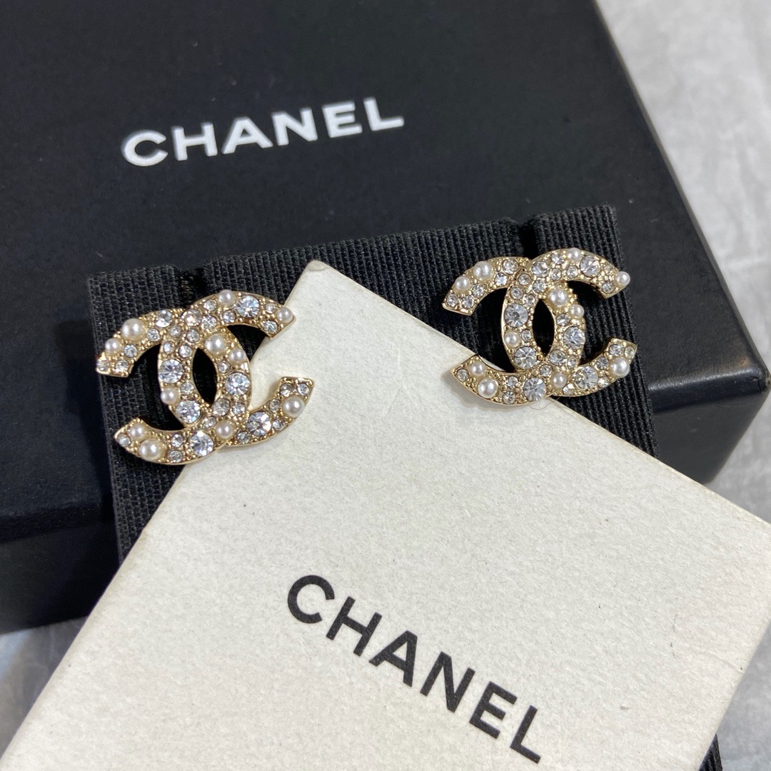Chanel Pearl Crystal Double C Stud Earrings