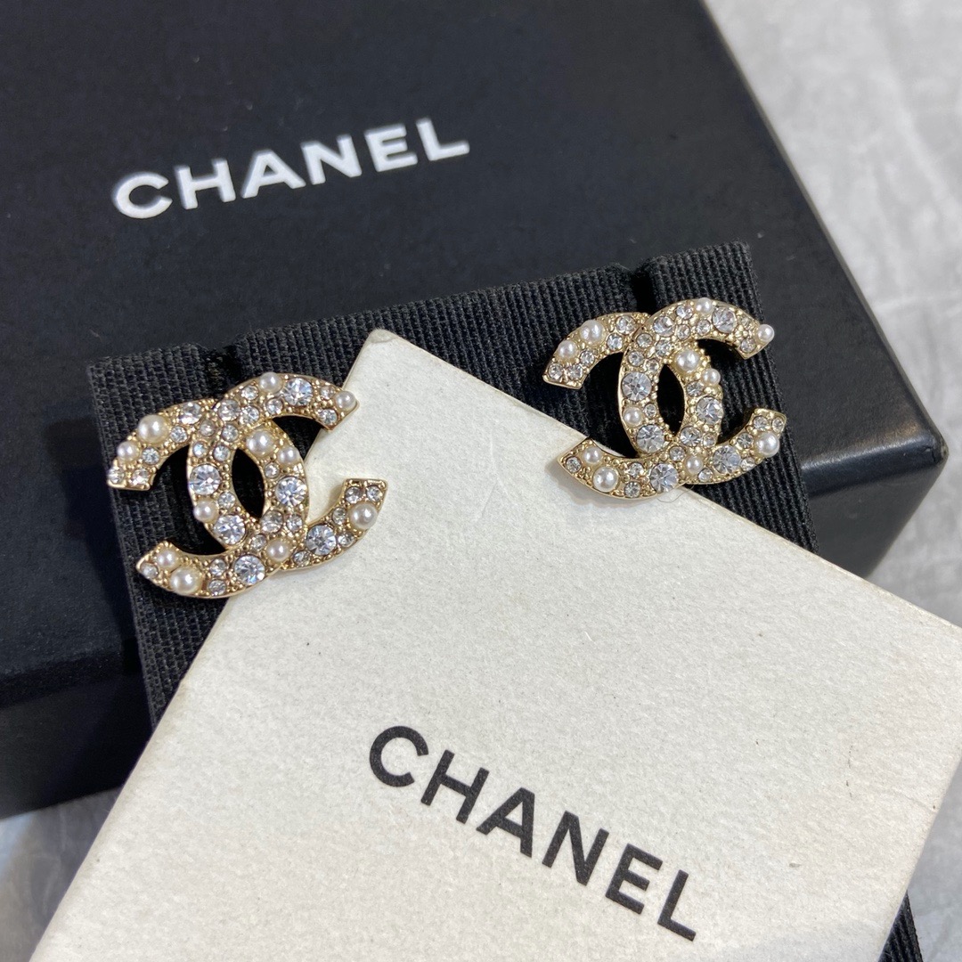 Chanel Pearl Crystal Double C Stud Earrings product image 3 thumbnail