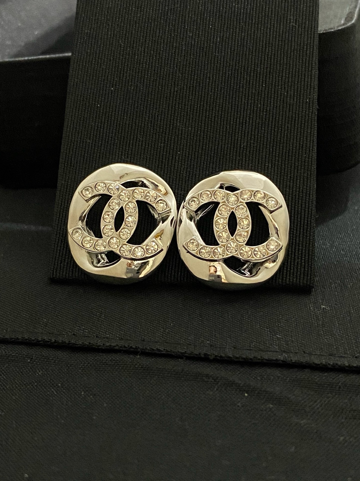 Chanel Irregular Silver Round Crystal Double C Stud Earrings