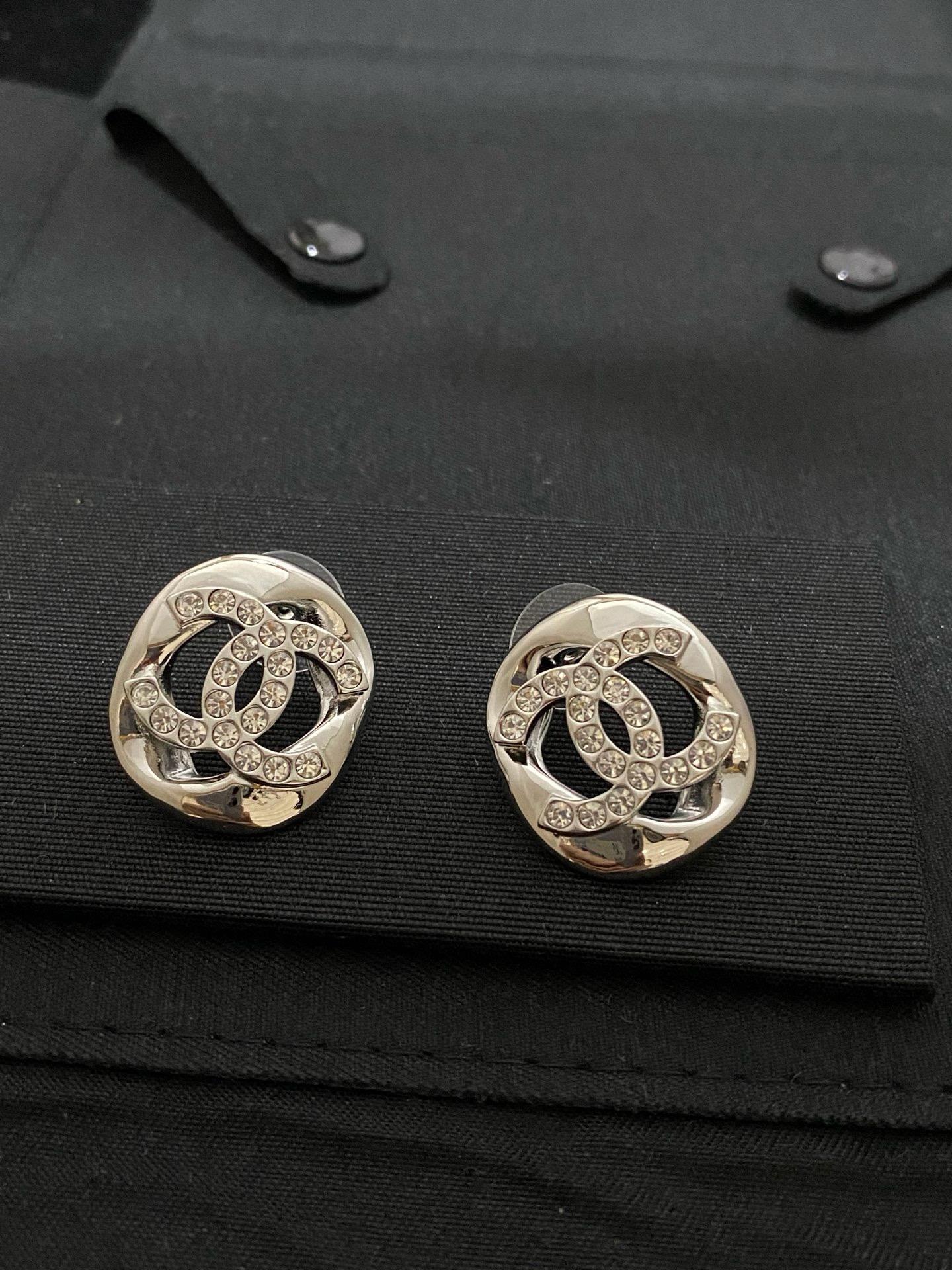 Chanel Irregular Silver Round Crystal Double C Stud Earrings product image 2 thumbnail