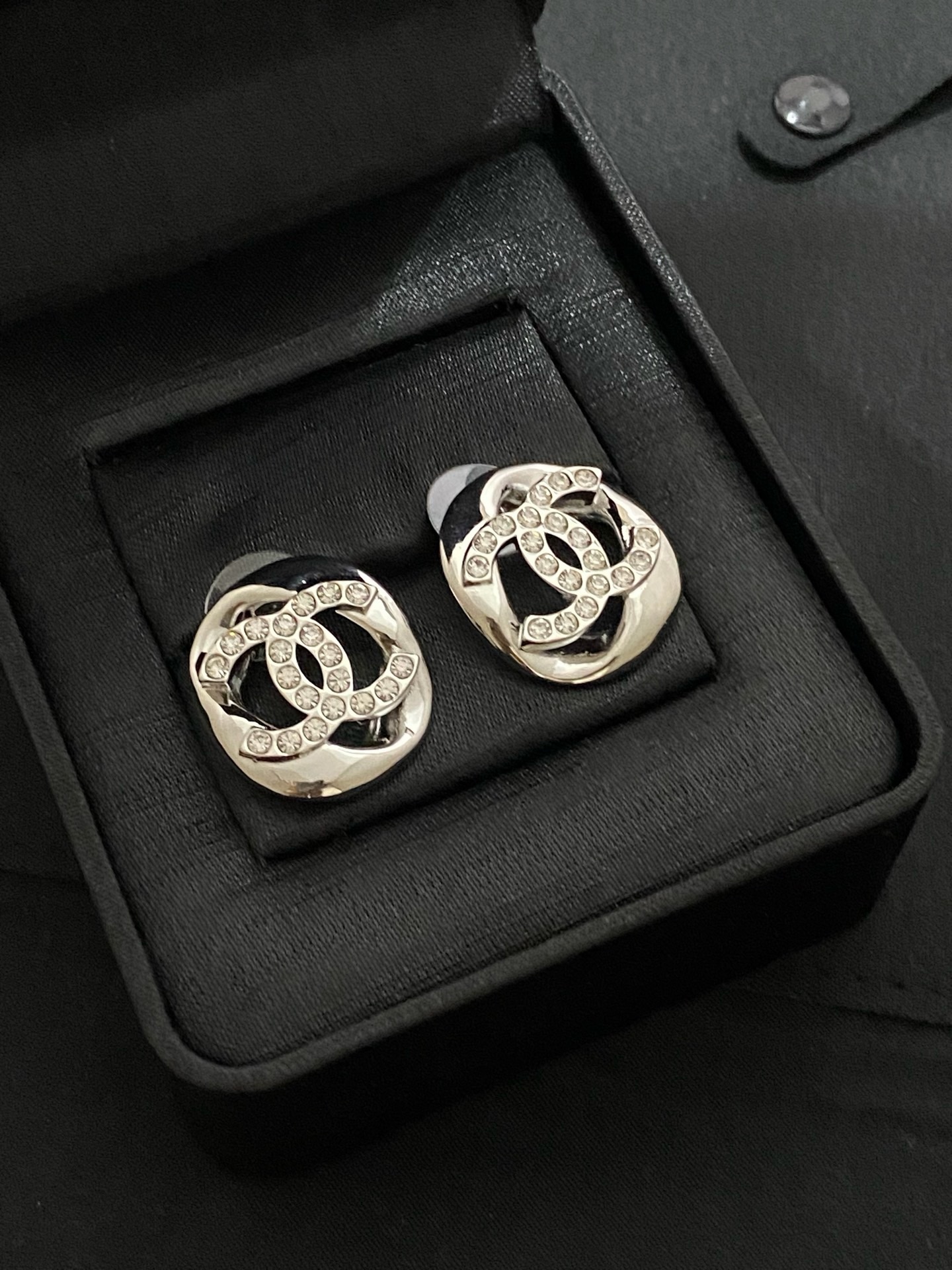 Chanel Irregular Silver Round Crystal Double C Stud Earrings product image 3 thumbnail