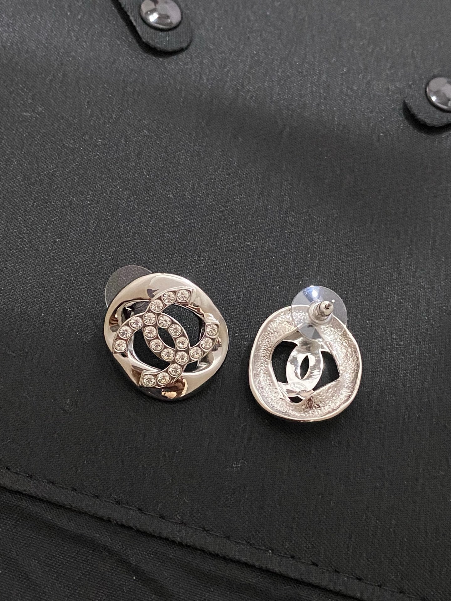 Chanel Irregular Silver Round Crystal Double C Stud Earrings product image 4 thumbnail