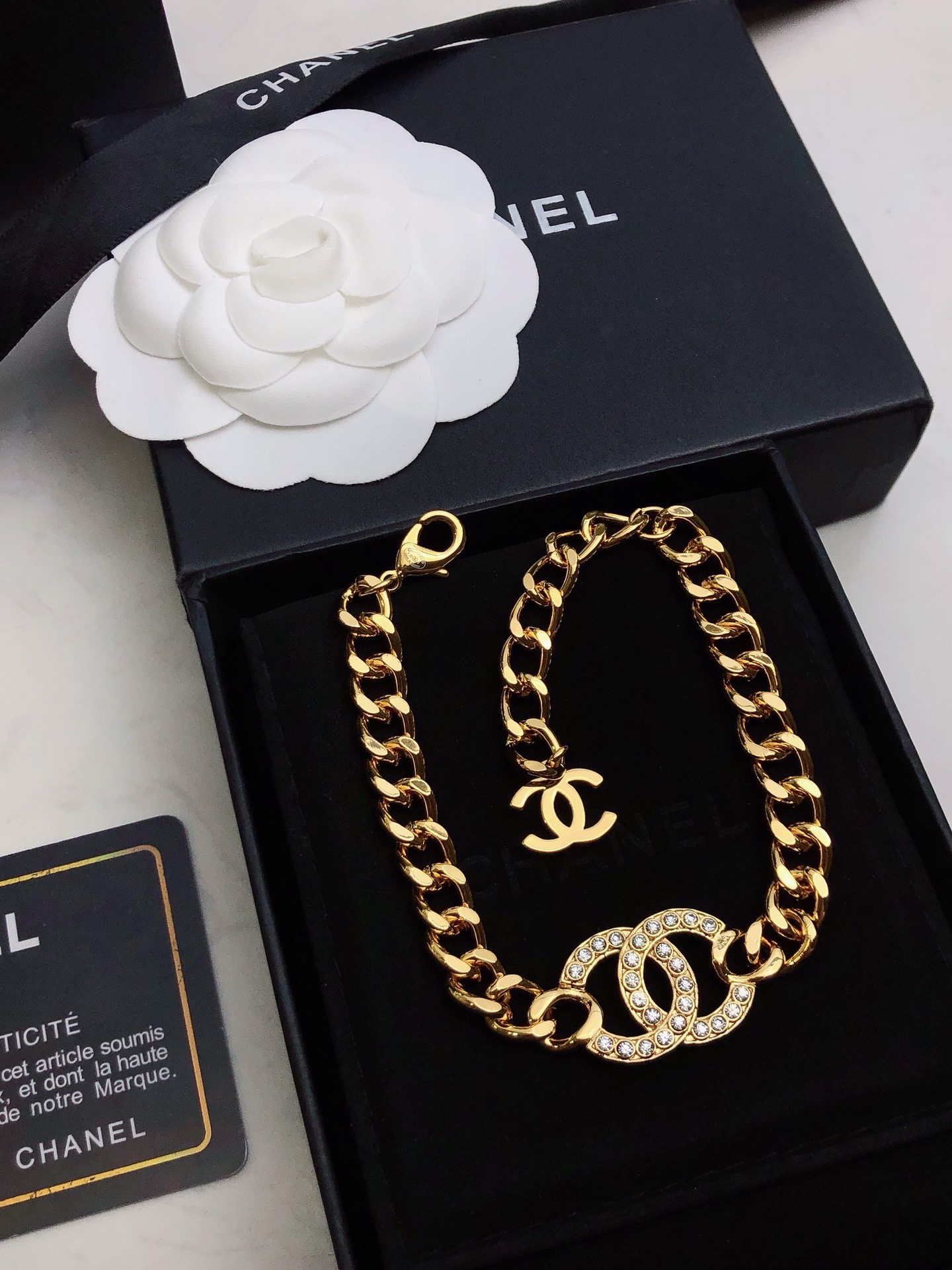 Chanel Chunky Cuban Chain Double C Crystal Ring Bracelet