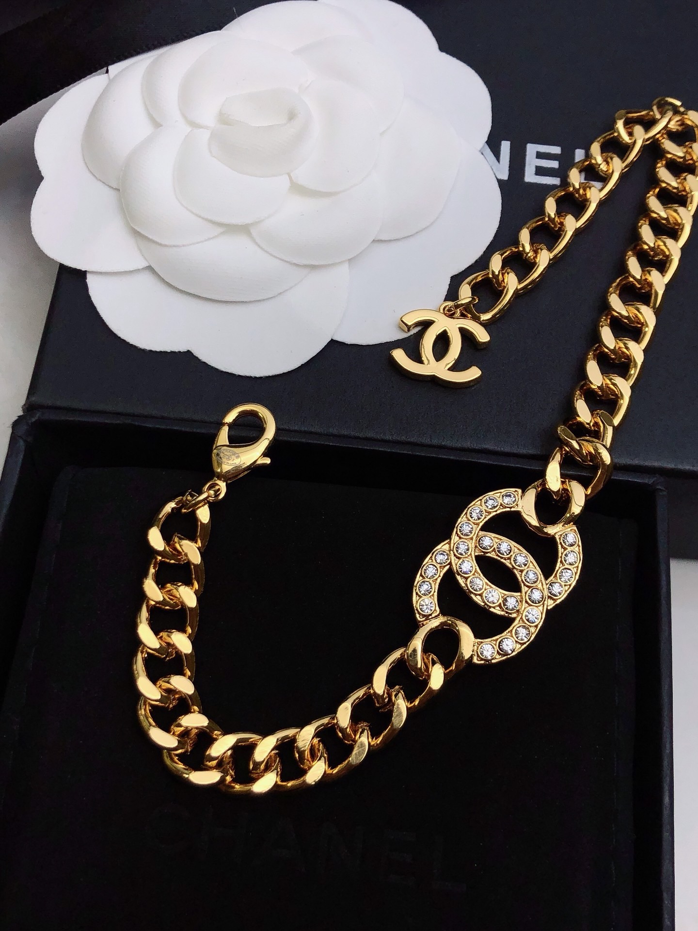 Chanel Chunky Cuban Chain Double C Crystal Ring Bracelet product image 4 thumbnail