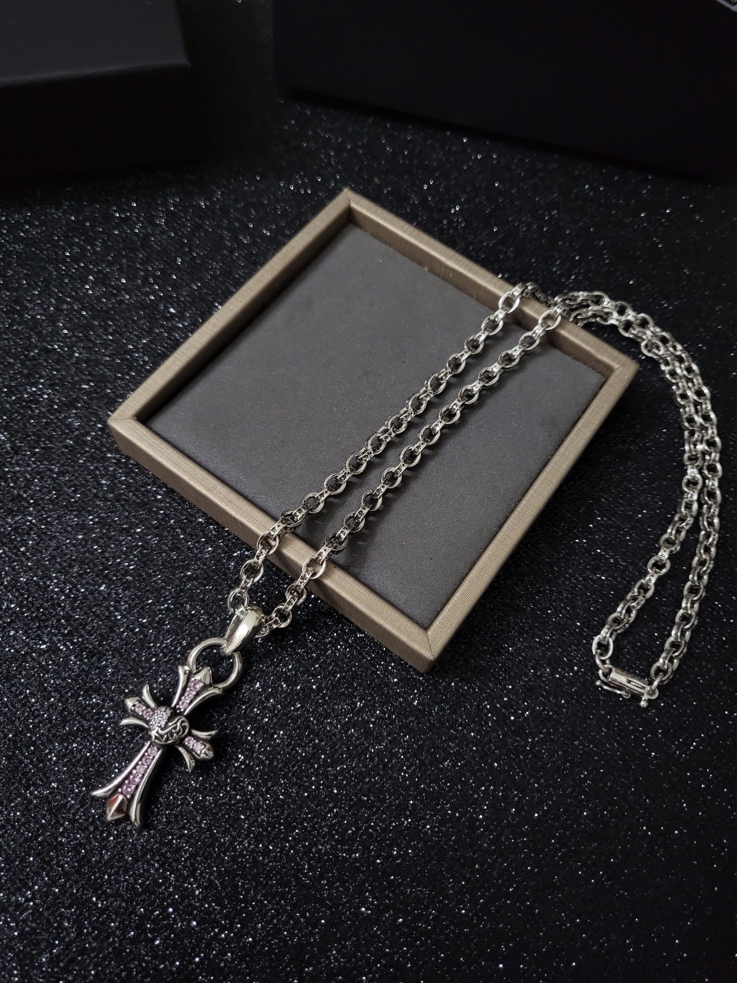 Chrome Hearts Gothic Cross Pink Crystal Silver Chain Necklace