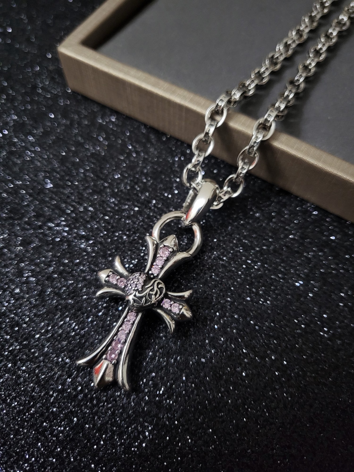Chrome Hearts Gothic Cross Pink Crystal Silver Chain Necklace product image 2 thumbnail