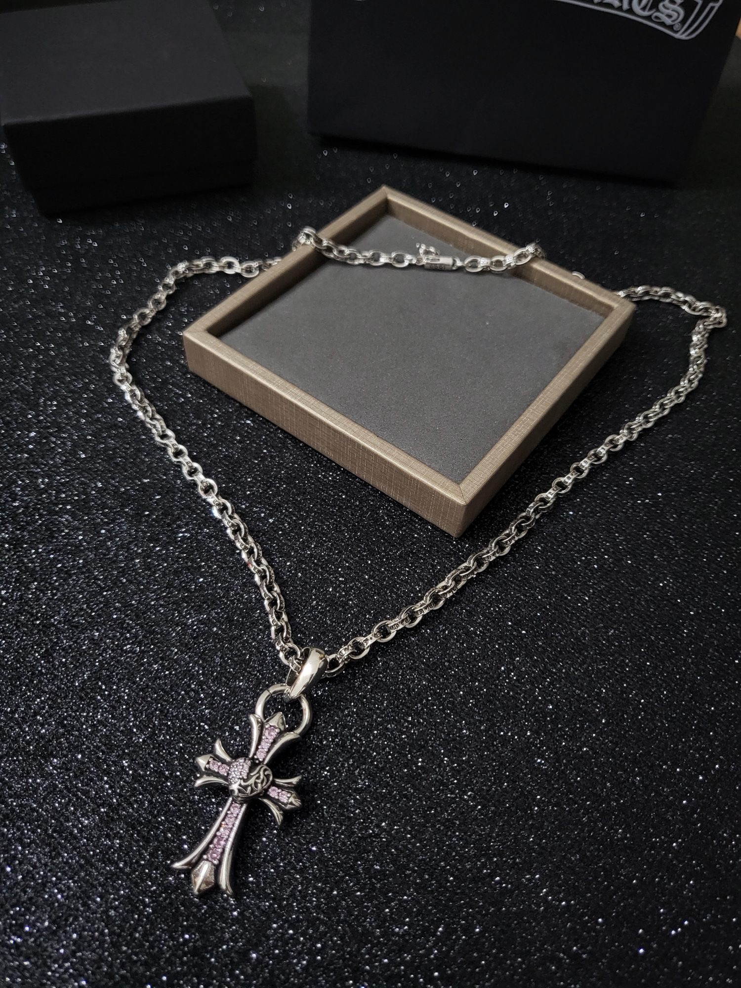 Chrome Hearts Gothic Cross Pink Crystal Silver Chain Necklace product image 3 thumbnail