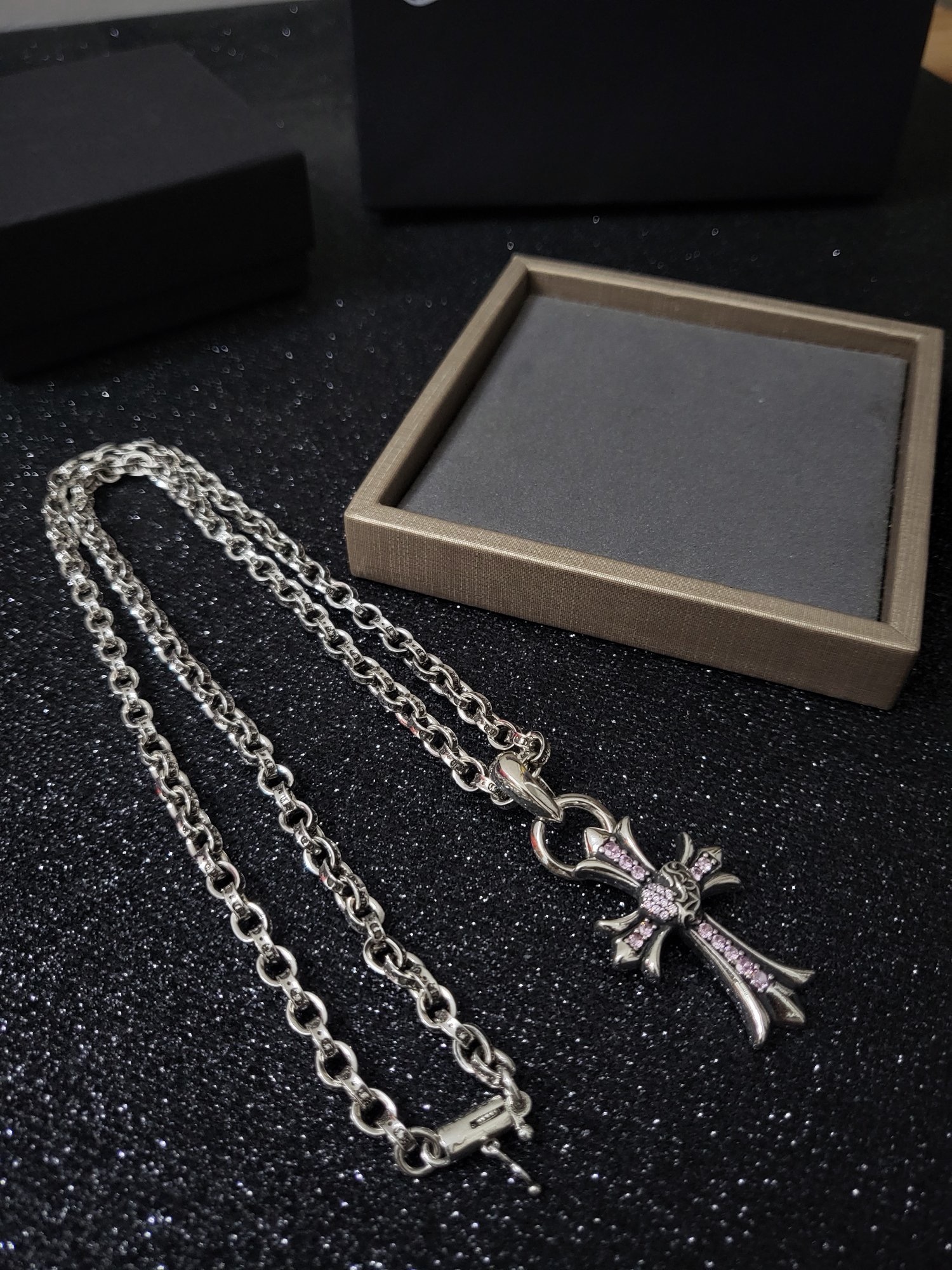 Chrome Hearts Gothic Cross Pink Crystal Silver Chain Necklace product image 4 thumbnail