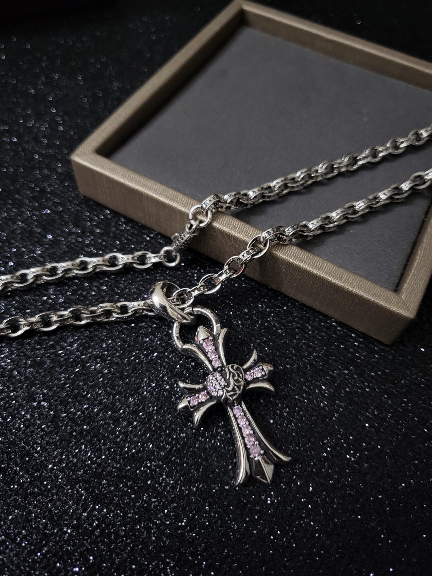 Chrome Hearts Gothic Cross Pink Crystal Silver Chain Necklace product image 5 thumbnail