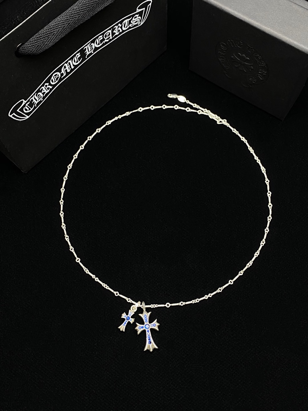 Chrome Hearts Double Blue Crystal Gothic Cross Silver Chain Necklace