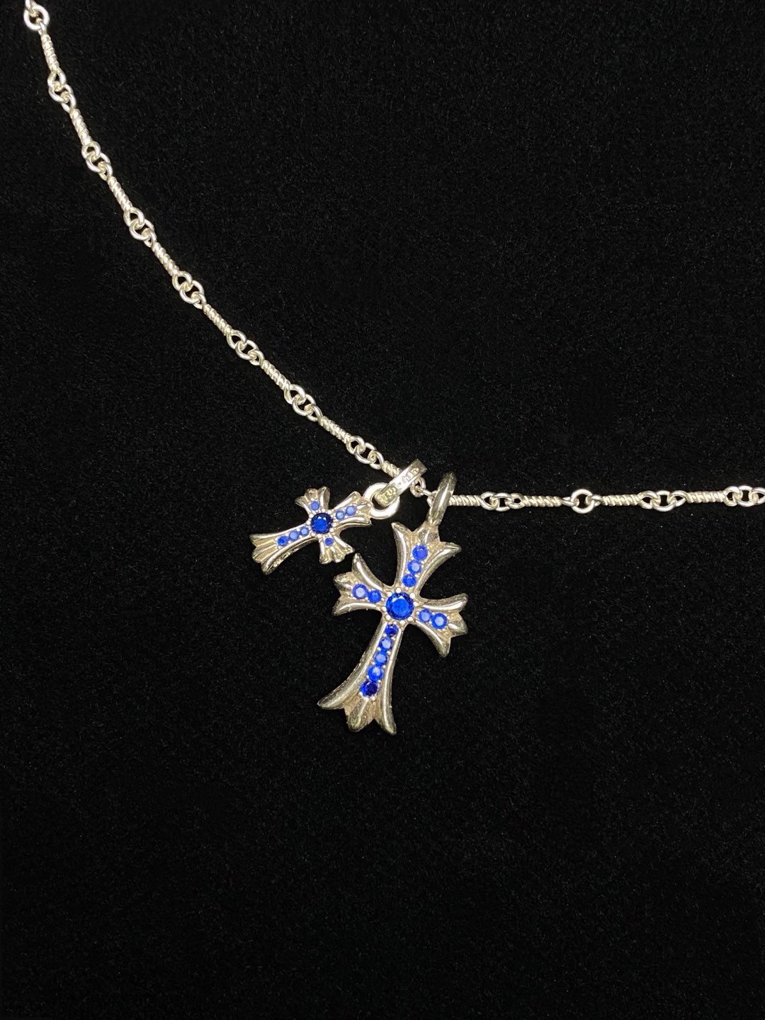 Chrome Hearts Double Blue Crystal Gothic Cross Silver Chain Necklace product image 2 thumbnail